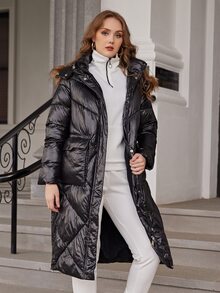 Plus Flap Pocket Fuzzy Trim Hooded Padded Coat - Black - View 4