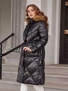 Plus Flap Pocket Fuzzy Trim Hooded Padded Coat - Black - View 5