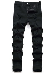 Jeans ajustados de algodón rasgados para hombres, versión larga de color oscuro lavado, jeans básicos de color negro puro para hombres, adecuados para el esposo