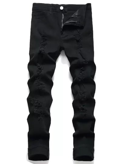 Jeans ajustados de algodón rasgados para hombres, versión larga de color oscuro lavado, jeans básicos de color negro puro para hombres, adecuados para el esposo