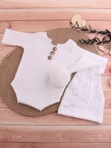 Newborn Baby Boy Photography Keyhole Back Bodysuit & Pom Pom Hat - White - View 2