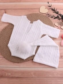 Newborn Baby Boy Photography Keyhole Back Bodysuit & Pom Pom Hat - White - View 3