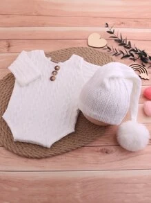 Newborn Baby Boy Photography Keyhole Back Bodysuit & Pom Pom Hat - White - View 4