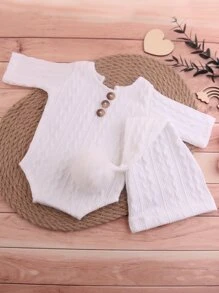 Newborn Baby Boy Photography Keyhole Back Bodysuit & Pom Pom Hat - White - View 5