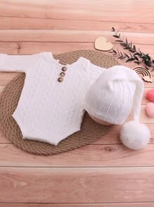 Newborn Baby Boy Photography Keyhole Back Bodysuit & Pom Pom Hat - White - View 6
