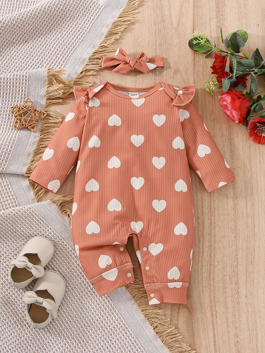 Áo liền quần Em bé Xù Tim Tất cả trên in - Màu Cam san hô - Xem 1
