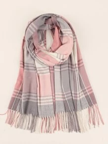 優雅格紋圖案流蘇邊圍巾，適用於日常休閒穿著 - 彩色 - 查看 1