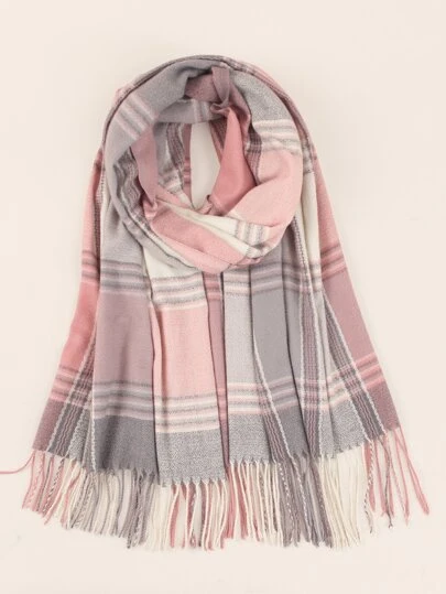 優雅格紋圖案流蘇邊圍巾，適用於日常休閒穿著