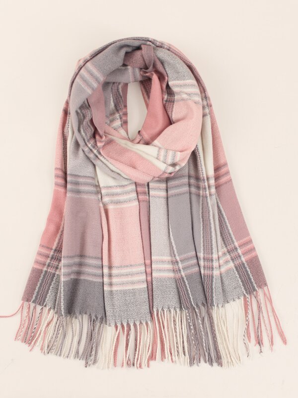 Elegant Plaid Pattern Fringe Hem Scarf Plaid Design For Casual Wear For Daily Life