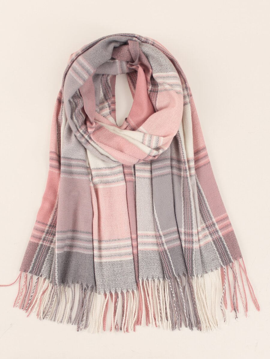 優雅格紋圖案流蘇邊圍巾，適用於日常休閒穿著 - 彩色 - 查看 1
