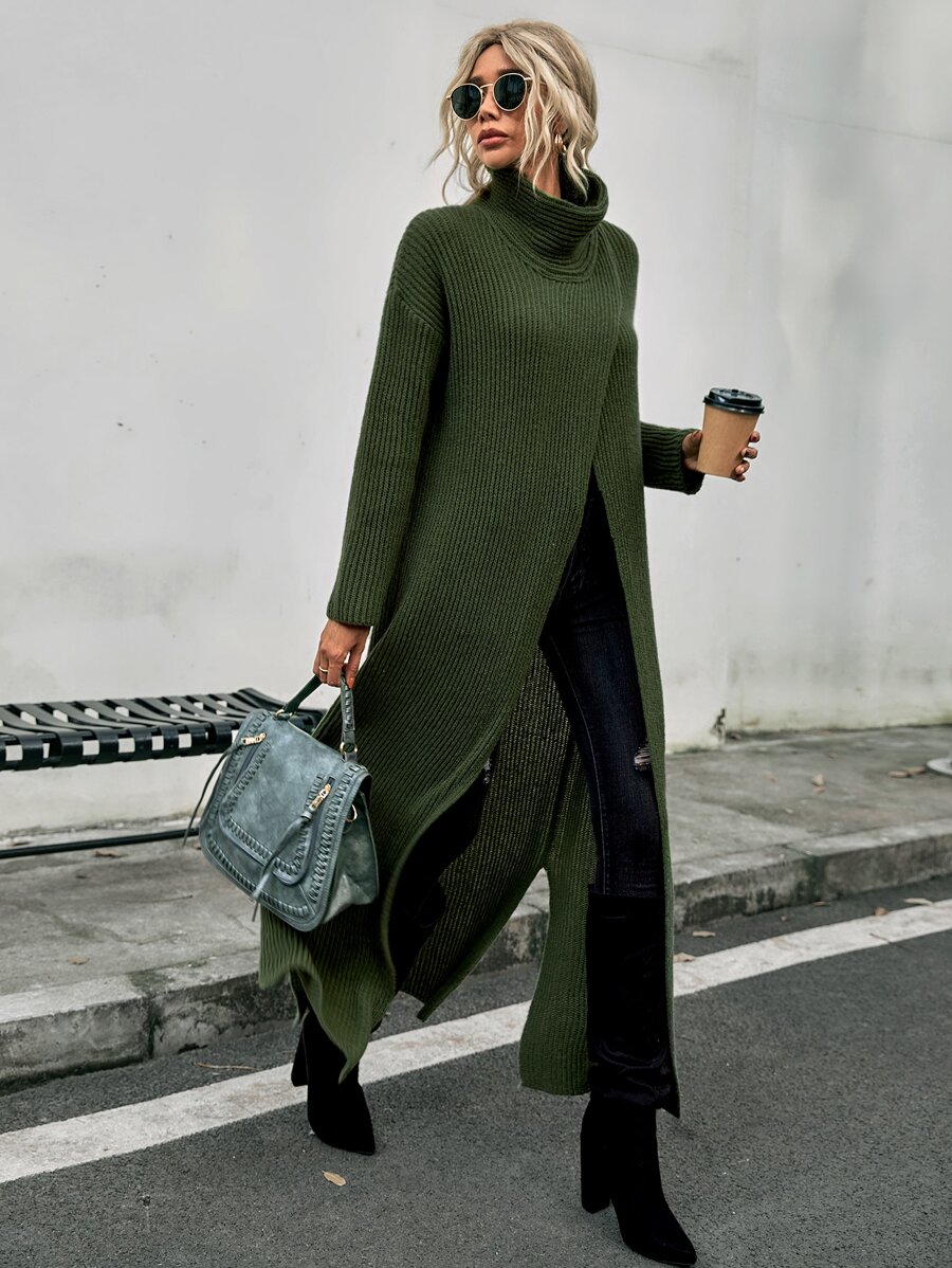 SHEIN LUNE High Neck Drop Shoulder Split Hem Wrap Longline Jumper Without Belt - Army Green - View 1