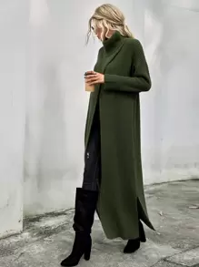 SHEIN LUNE High Neck Drop Shoulder Split Hem Wrap Longline Jumper Without Belt - Army Green - View 4