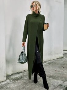 SHEIN LUNE High Neck Drop Shoulder Split Hem Wrap Longline Jumper Without Belt - Army Green - View 5