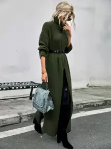 SHEIN LUNE High Neck Drop Shoulder Split Hem Wrap Longline Jumper Without Belt - Army Green - View 6
