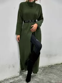 SHEIN LUNE High Neck Drop Shoulder Split Hem Wrap Longline Jumper Without Belt - Army Green - View 7