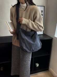 水洗帆布休闲纯色时尚单肩斜挎包 - 深灰色 - 查看 2