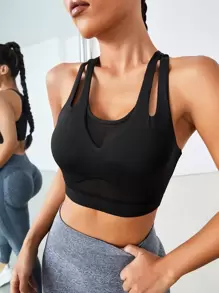 Yoga Basic Sujetador deportivo con abertura de espalda nadador de malla - Negro - Ver 1