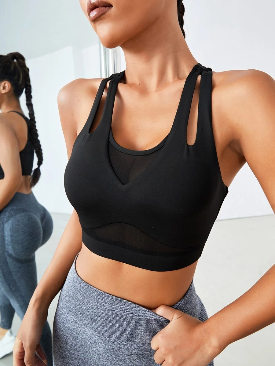 Yoga Basic Sujetador deportivo con abertura de espalda nadador de malla - Negro - Ver 1