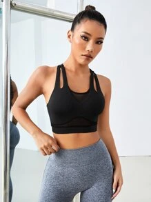 Yoga Basic Sujetador deportivo con abertura de espalda nadador de malla - Negro - Ver 4