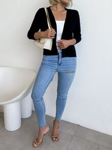 AAmilife Solid Casual Design Cardigan - Black - View 6