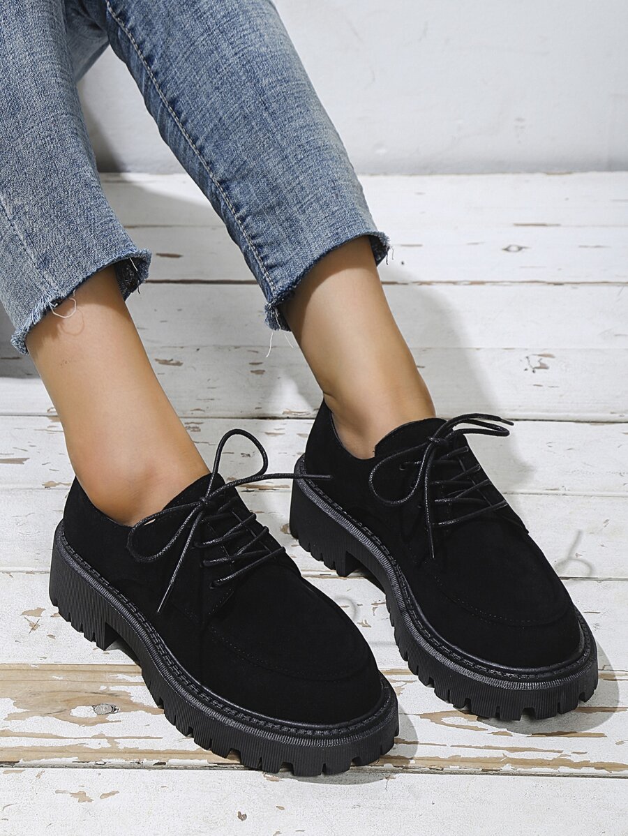 Lace-up Front Oxford Flats - Black - View 1