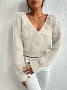 SHEIN Privé Surplice Neck Drop Shoulder Jumper - Apricot - View 4