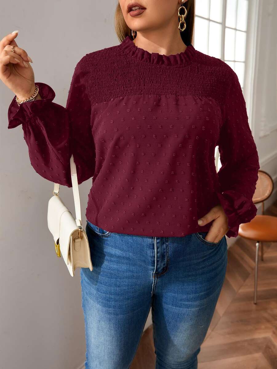 SHEIN LUNE Áo sơ mi Plus Size Nút viền lá sen Xù Dải chun màu trơn Giải trí - Màu Tím - Xem 1