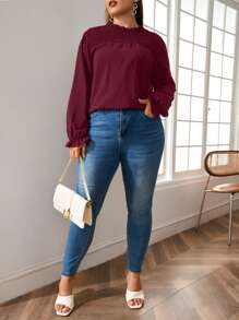 SHEIN LUNE Áo sơ mi Plus Size Nút viền lá sen Xù Dải chun màu trơn Giải trí - Màu Tím - Xem 4