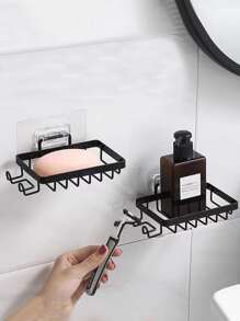 1pc Multipurpose Stainless Steel Storage Shelf With Hooks For Toiletries Placement, Soap, Etc. Home Bathroom Decor Summer - Black - View 6