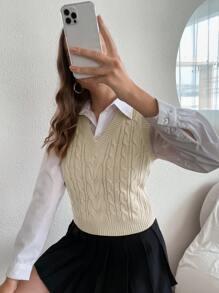 SHEIN MOOSTA Solid Cable Knit Sweater Vest Without Blouse