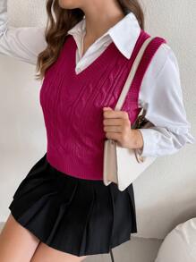 SHEIN Unity 素色麻花編織不帶襯衫毛衣背心 - 玫紅色 - 查看 5