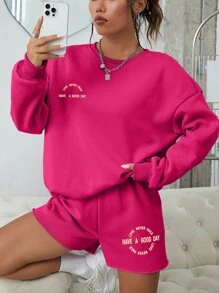 INAWLY 標語圖案加絨內裏落肩袖運動衫和短褲