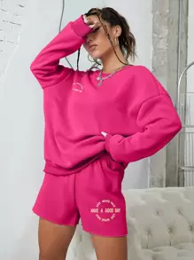 INAWLY 標語圖案加絨內裏落肩袖運動衫和短褲