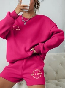 INAWLY 標語圖案加絨內裏落肩袖運動衫和短褲