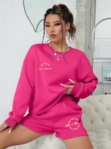 INAWLY 標語圖案加絨內裏落肩袖運動衫和短褲