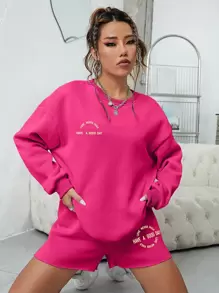 INAWLY 標語圖案加絨內裏落肩袖運動衫和短褲