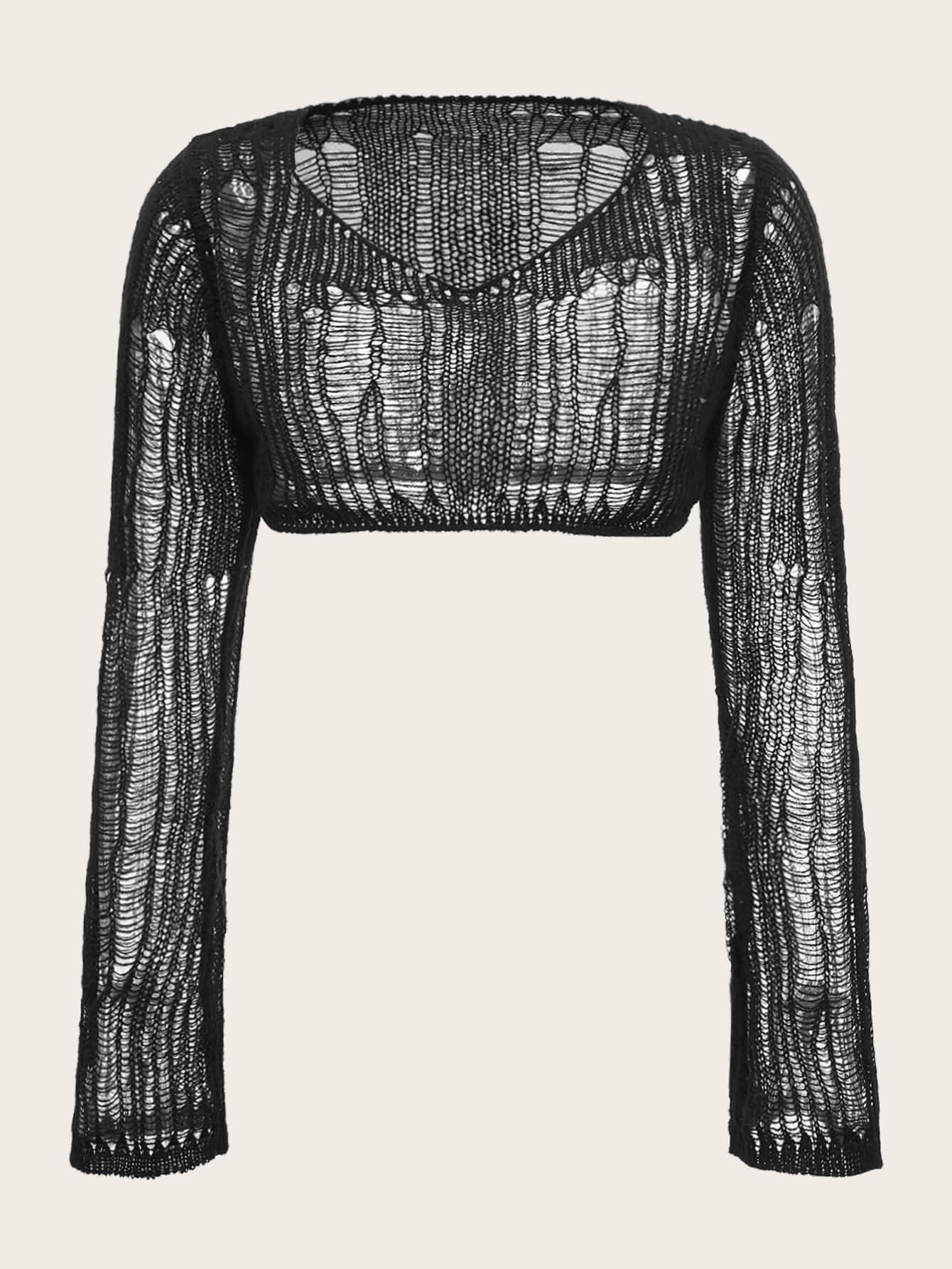 SHEIN ICON Trumpet Sleeve Ripped Crop Jumper - Black - View 1