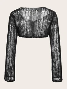 SHEIN ICON Trumpet Sleeve Ripped Crop Jumper - Black - View 2