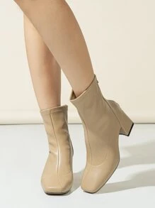 Zip Back Chunky Heeled Classic Boots - Khaki - View 2