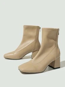 Zip Back Chunky Heeled Classic Boots - Khaki - View 3