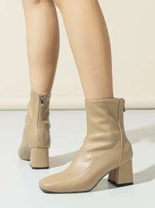 Zip Back Chunky Heeled Classic Boots - Khaki - View 5