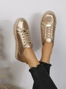 Fall/Winter Women Metallic Metal Decor Lace-Up Front Casual Shoes, Round Toe Espadrille Skate Shoes,Sneakers For Women - Gold - View 3