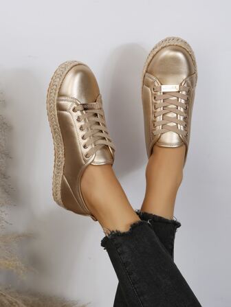 Fall/Winter Women Metallic Metal Decor Lace-Up Front Casual Shoes, Round Toe Espadrille Skate Shoes,Sneakers For Women