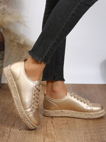 Fall/Winter Women Metallic Metal Decor Lace-Up Front Casual Shoes, Round Toe Espadrille Skate Shoes,Sneakers For Women - Gold - View 6