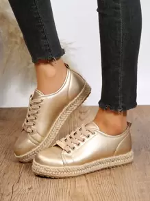 Fall/Winter Women Metallic Metal Decor Lace-Up Front Casual Shoes, Round Toe Espadrille Skate Shoes,Sneakers For Women - Gold - View 2
