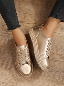 Fall/Winter Women Metallic Metal Decor Lace-Up Front Casual Shoes, Round Toe Espadrille Skate Shoes,Sneakers For Women - Gold - View 7