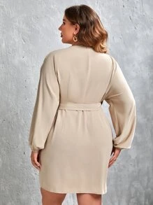 SHEIN Privé Plus Lantern Sleeve Wrap Knot Side Dress - Beige - View 2