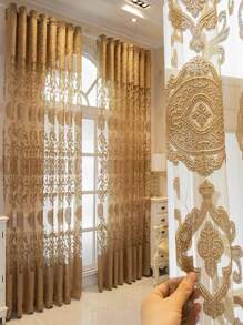 Rèm đơn bảng thêu hoa - Cà phê nâu - Xem 1