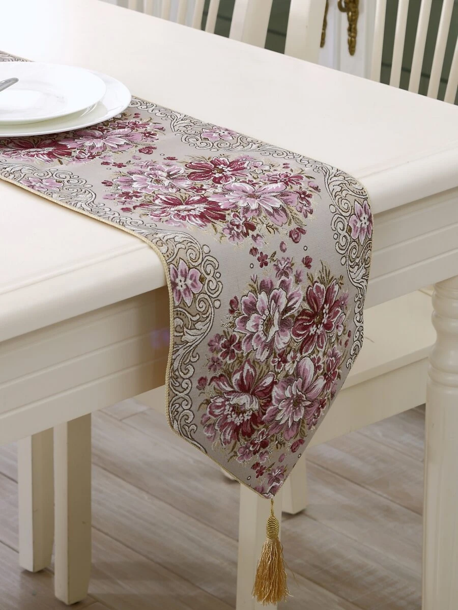 1入組提花花流蘇裝飾長方桌布 - 紫色 - 查看 1