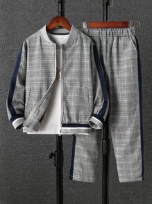 SHEIN Boys Plaid Print Bomber Jacket & Trousers Without Tee - Grey - View 1
